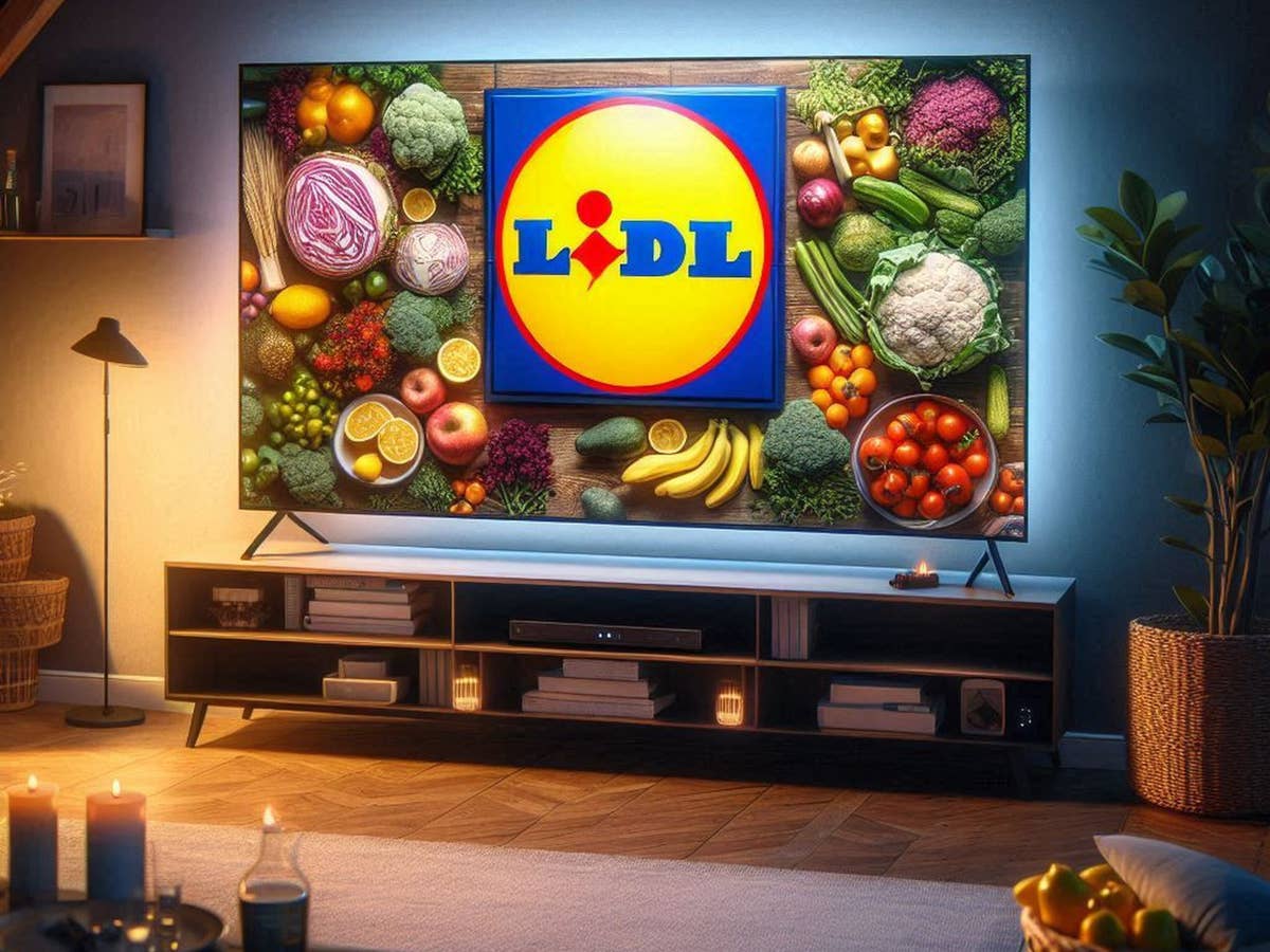 TV-Kracher bei Lidl: Großer 4K-UHD-Fernseher zum Top-Preis Fernseher mit Logo von Lidl auf dem Display in einem Wohnzimmer.