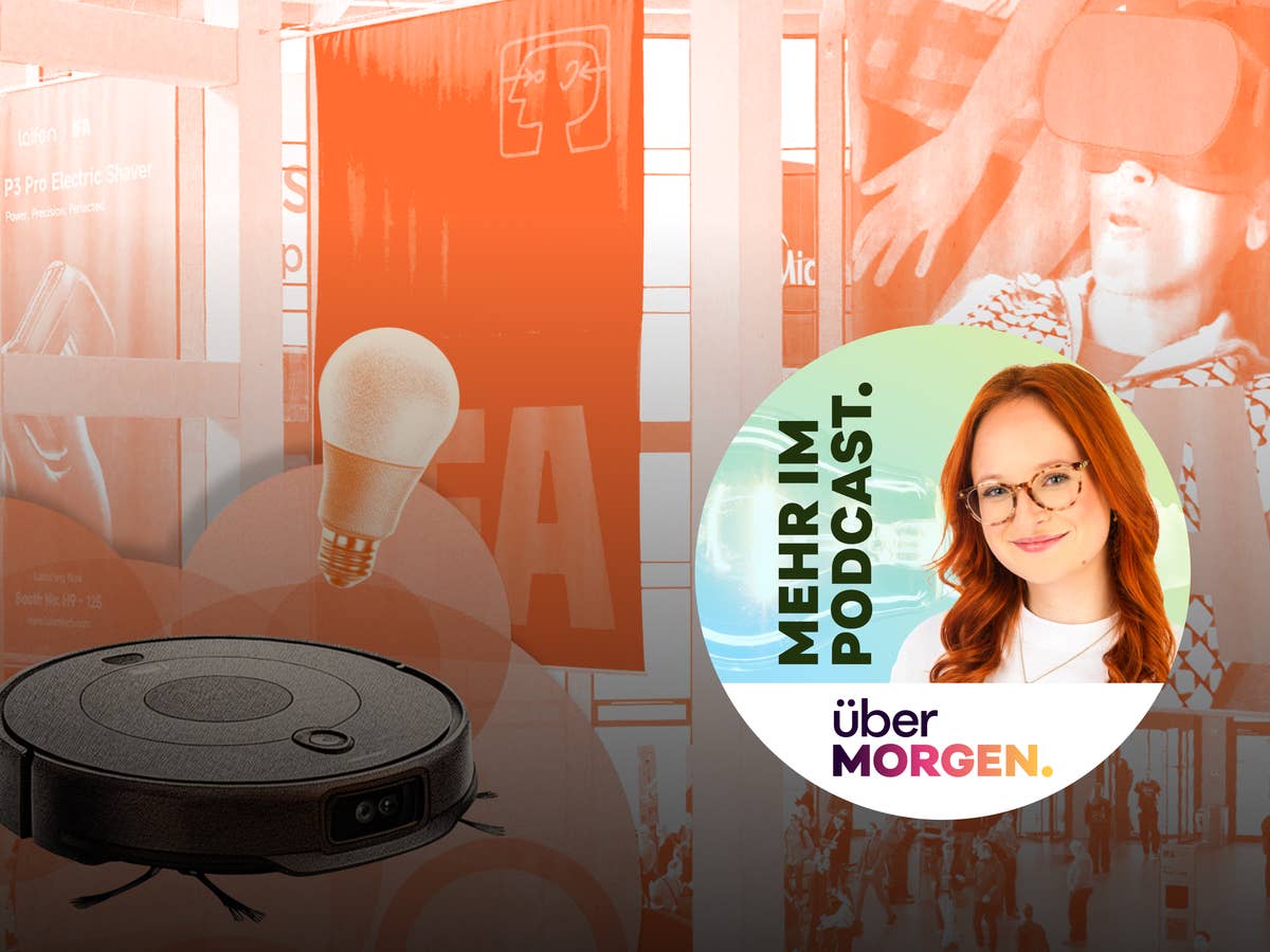 uebermorgen-episode-85-news-16-9 Saugroboter, Glühbirne, Mensch mit VR-Brille vor IFA-Hintergrund