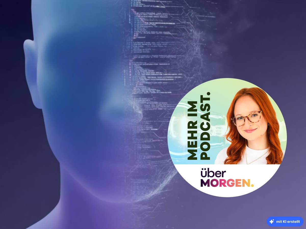 übermorgen-ki-hackerin- Digital dargestelltes Gesicht vor Programmcode, davor das Coverbild des Podcasts Übermorgen mit Moderatorin, Bild KI-generiert
