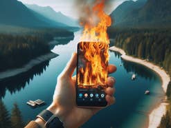 Smartphone steht in einer Hand in Flammen.