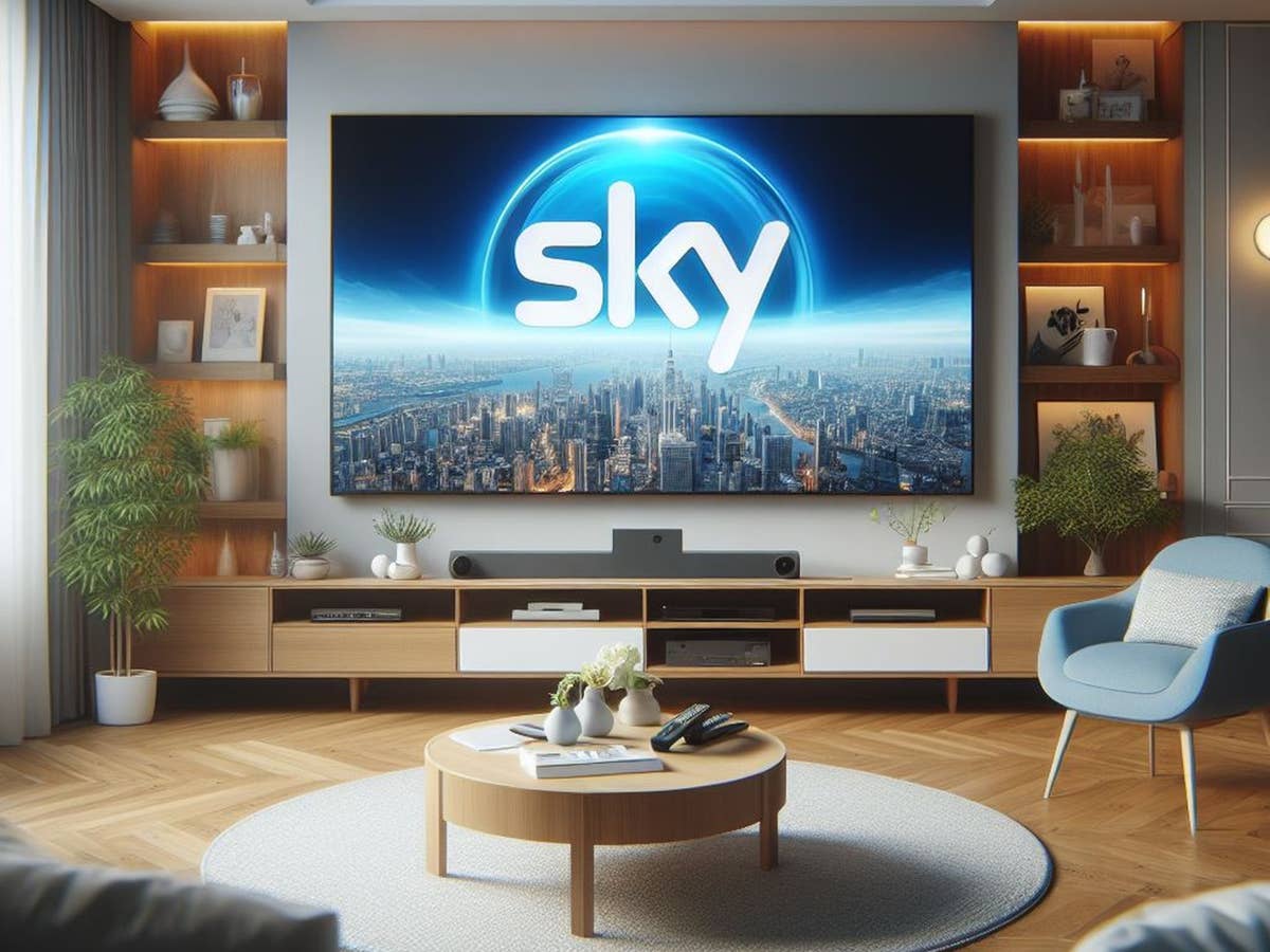 Logo von Sky auf einem Fernseher in einem Wohnzimmer.