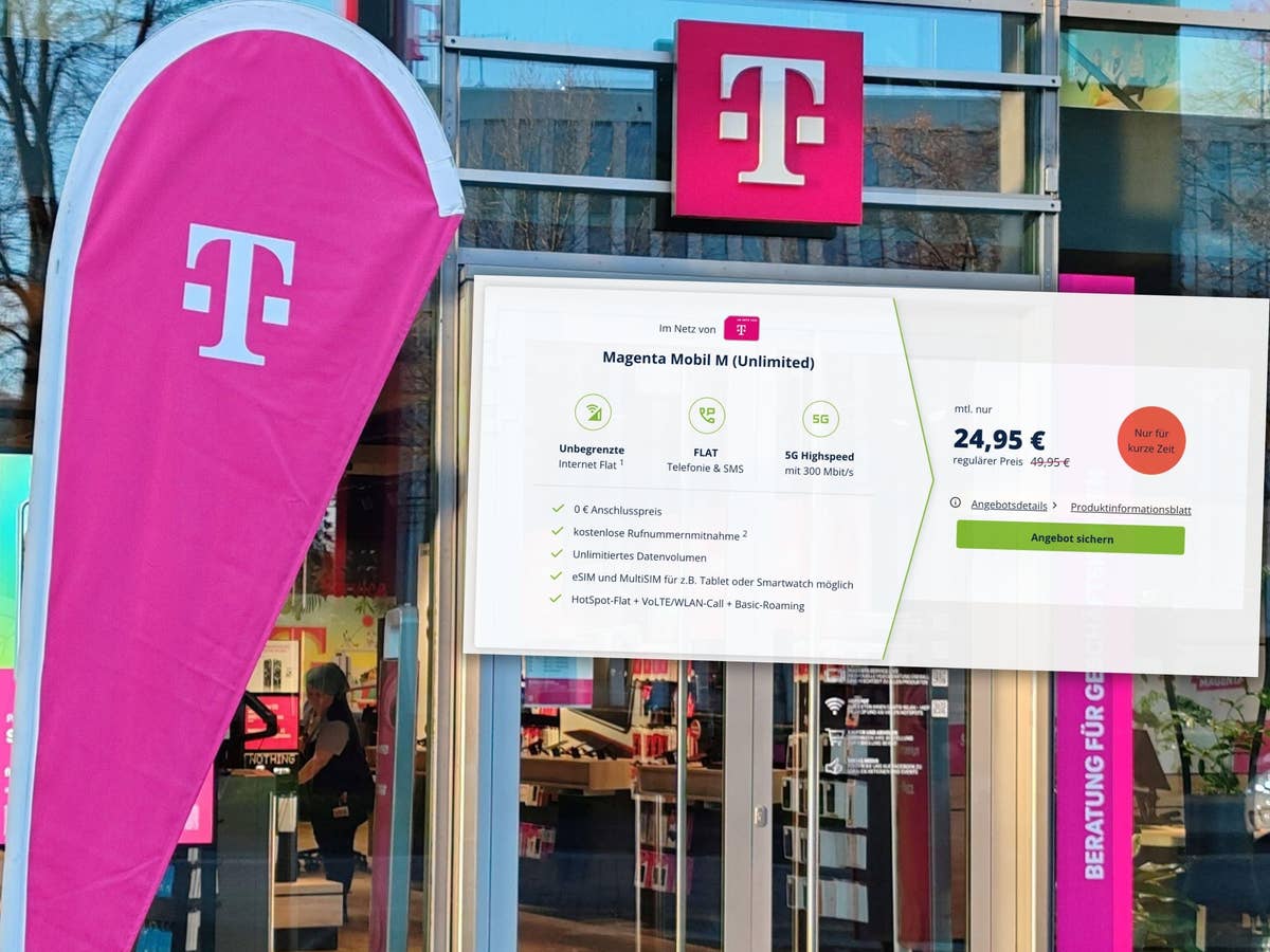 Unbegrentes Telekom-Datenvolumen für rund 25 Euro Telekom-Shop im Hintergrund, davor ein aktuelles Unlimited-Tarif-Angebot