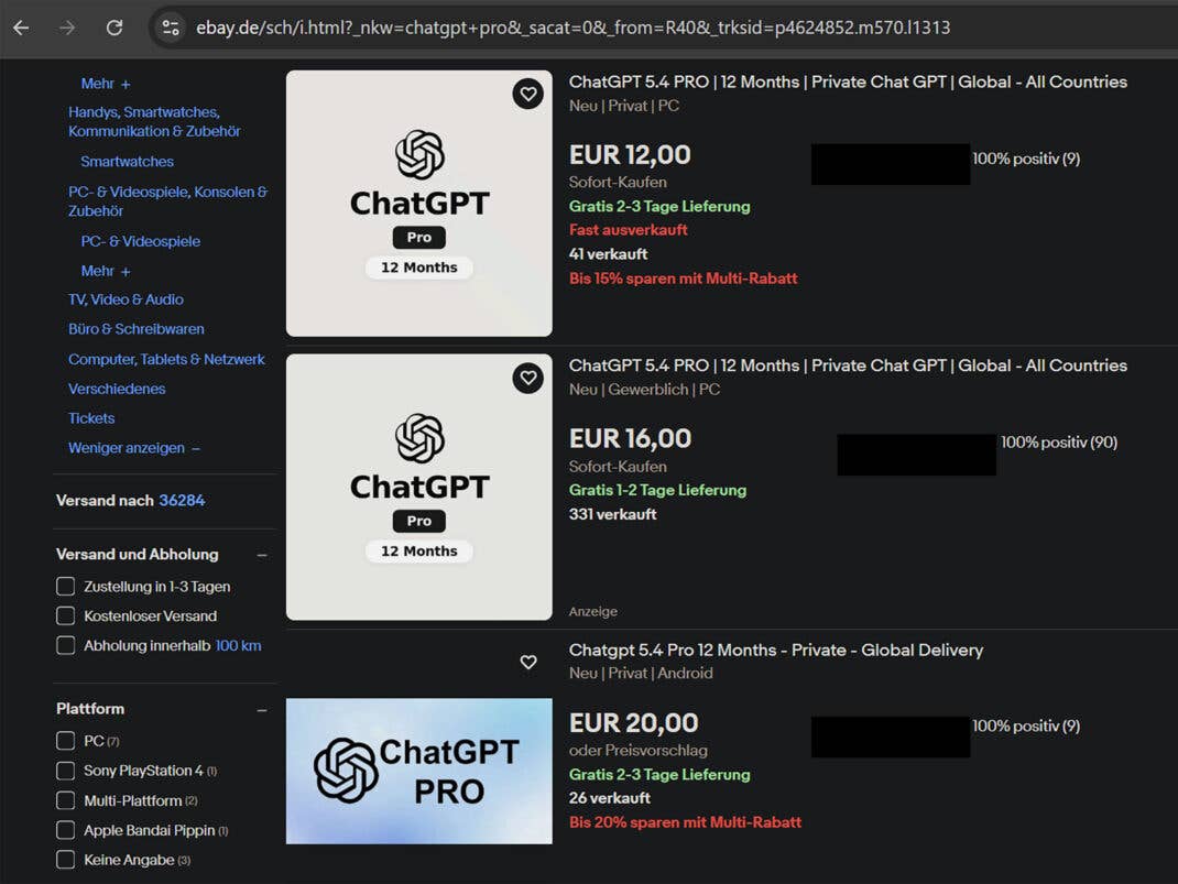 Unzählige Anbieter bieten ChatGPT Pro zu absurden Schnäppchen-Preisen bei eBay an