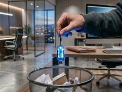 Ein Mann wirft einen USB-Stick in den Mülleimer.