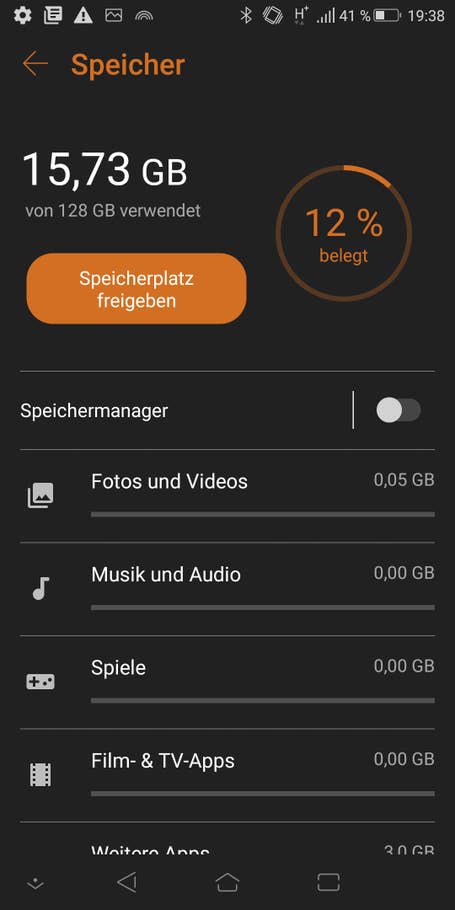 Die Speicherplatz-Auslastung des ROG Phone