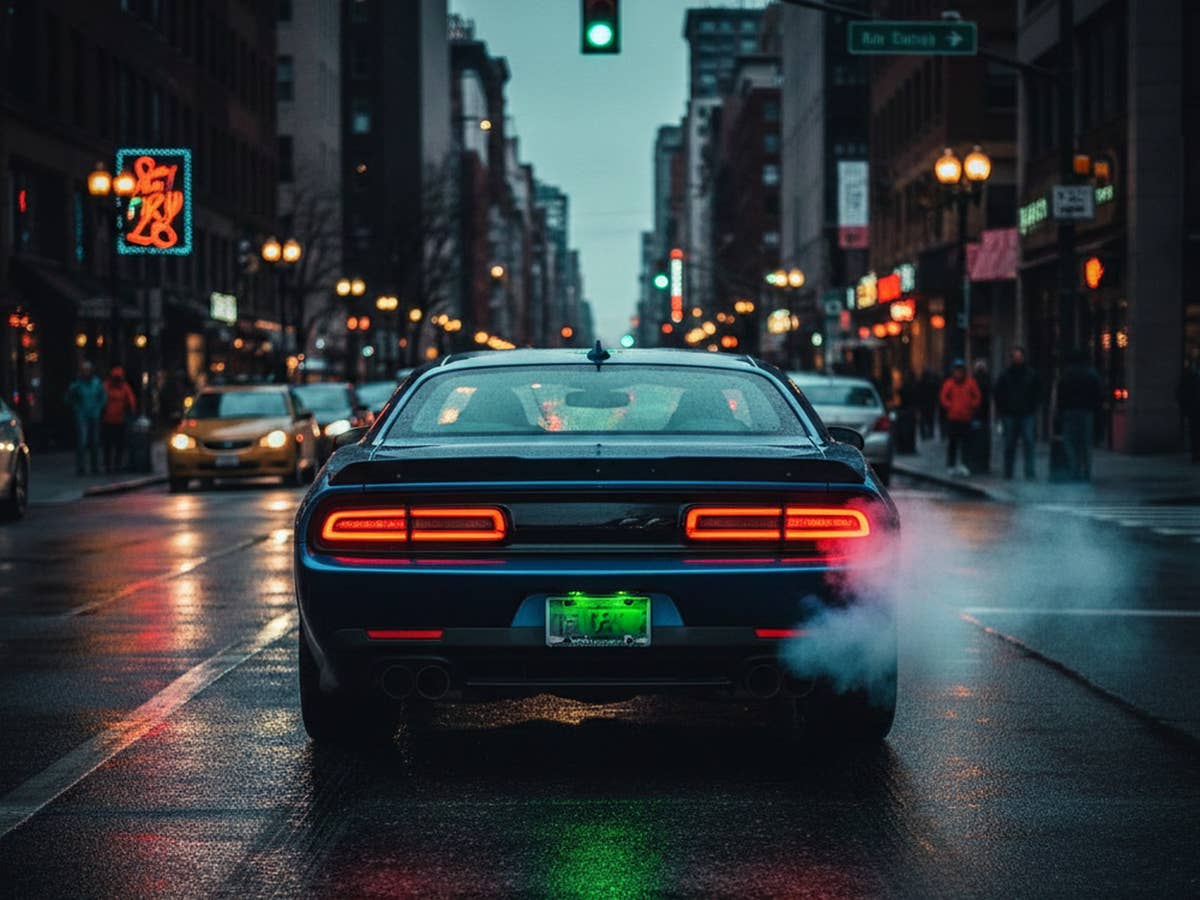 E-Auto mit Verbrennungsmotor steht in einer Stadt vor einer Ampel.