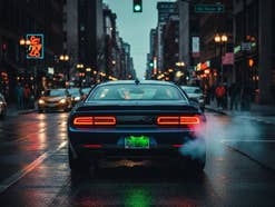 E-Auto mit Verbrennungsmotor steht in einer Stadt vor einer Ampel.