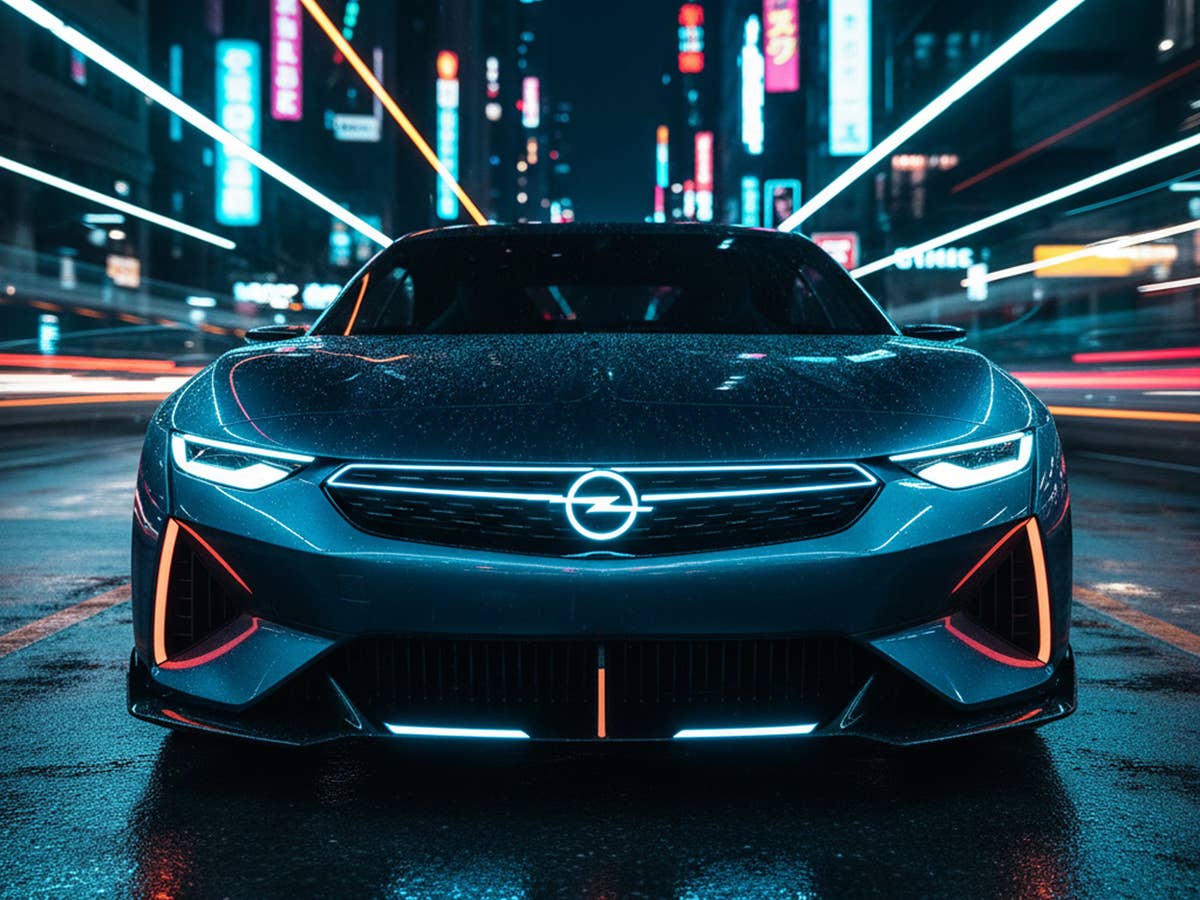 Auto von Opel in der Frontansicht vor dem HIntergrund einer beleuchteten Skyline.
