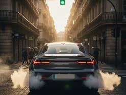 Moderner Verbrenner steht vor einer grün geschalteten Ampel.