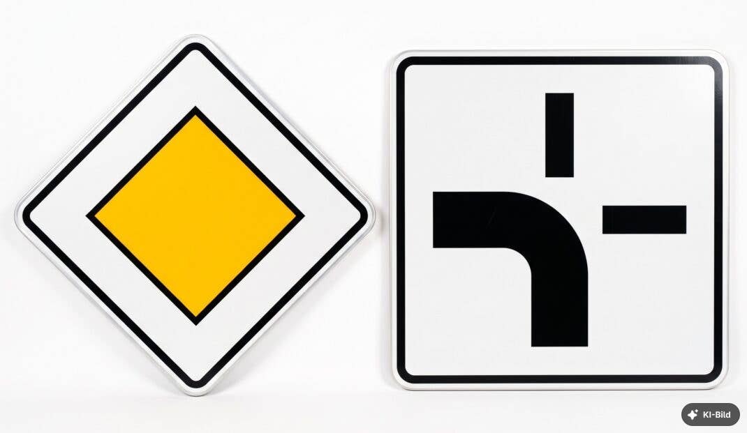 Verkehrszeichen Vorfahrtstraße und Zusatzzeichen Abknickende Vorfahrt