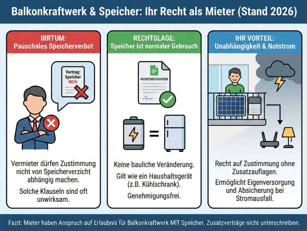 Vermieter dürfen Stromspeicher nicht bei der Genehmigung von Balkonkraftwerken untersagen