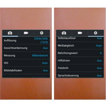 Verschiedene Einstellungsmöglichkeiten der Kamera-App des Samsung Galaxy S4