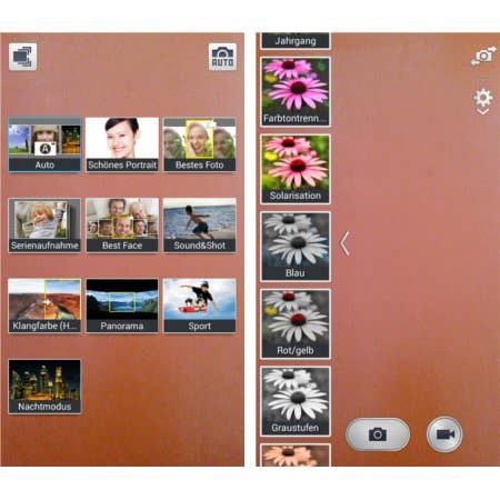 Verschiedene Einstellungsmöglichkeiten der Kamera-App des Samsung Galaxy S4