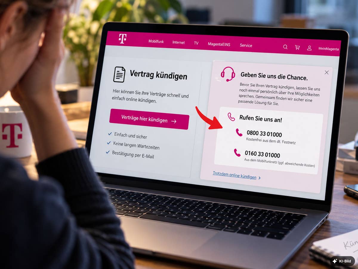 Jemand sitzt vorm Laptop mit einer symbolischen Telekom-Kündigungswebseite (Symbolbild) Jemand sitzt vorm Laptop mit einer symbolischen Telekom-Kündigungswebseite