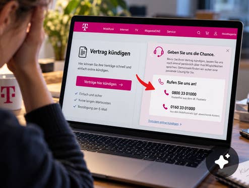 Jemand sitzt vorm Laptop mit einer symbolischen Telekom-Kündigungswebseite
