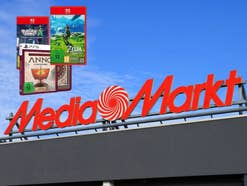 MediaMarkt-Logo und darauf PS5 und Nintendo Switch Spiele