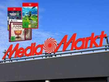 MediaMarkt-Logo und darauf PS5 und Nintendo Switch Spiele