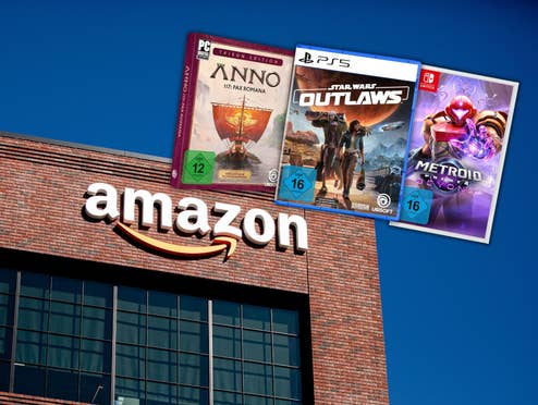 Anno 117, Star Wars Outlaws und Metroid Prime 4 Spiele neben einem Amazon-Logo