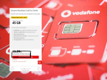 Hintergrund: Vodafone SIM-Karten auf einem Haufen; Vordergrund: Ein Screenshot mit gehighlighteten Infos zum Tarif
