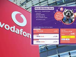 Vodafone-Logo im Hintergrund, davor eine aktuelle Aktion von SIMon mobile