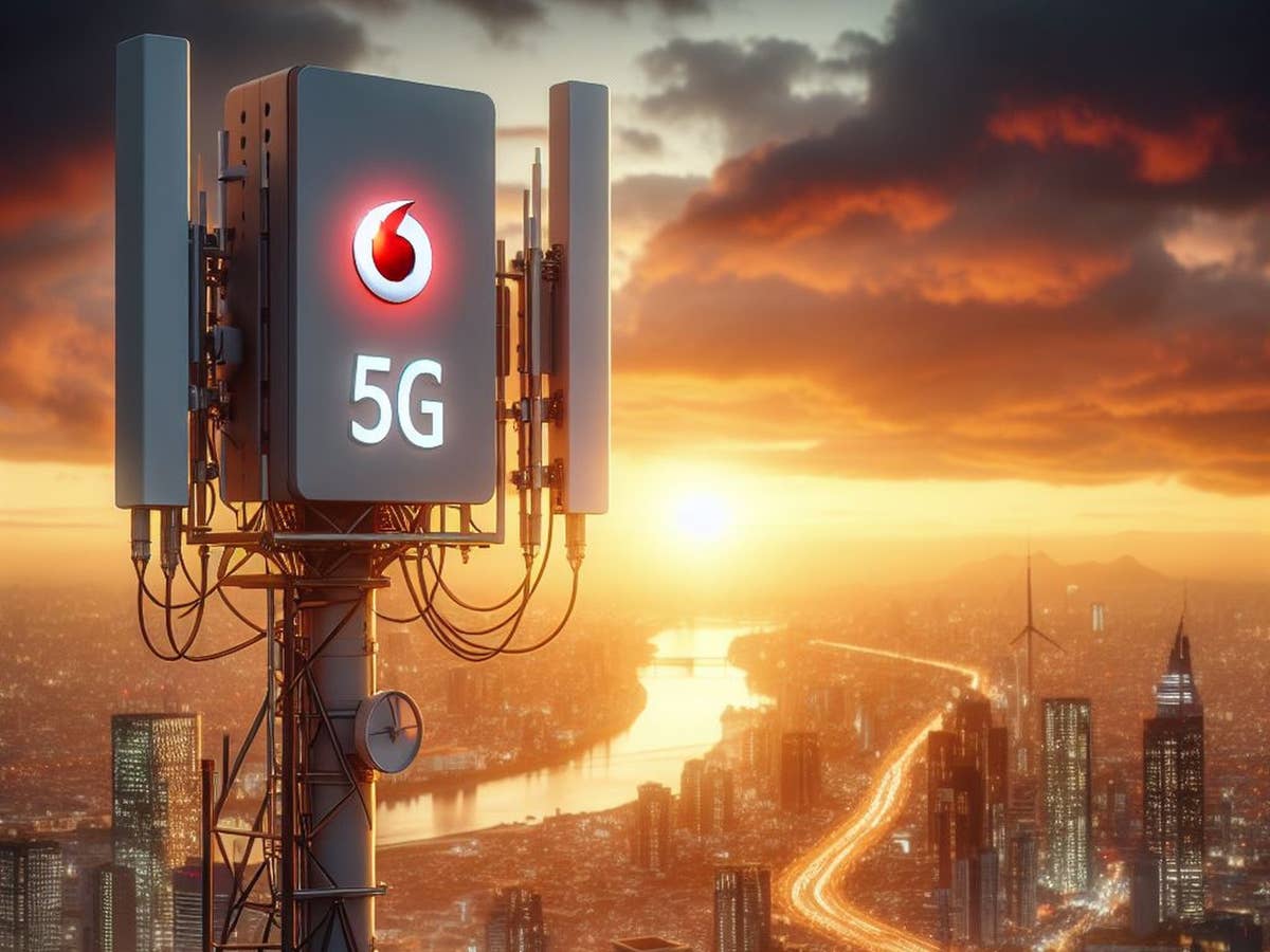 Basisstation mit 5G und Vodafone-Logo.