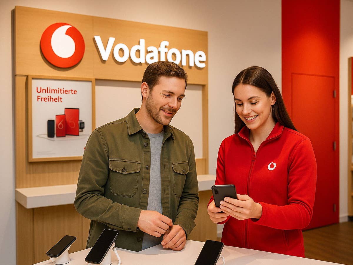 Zwei Personen stehen in einem Vodafone-Shop