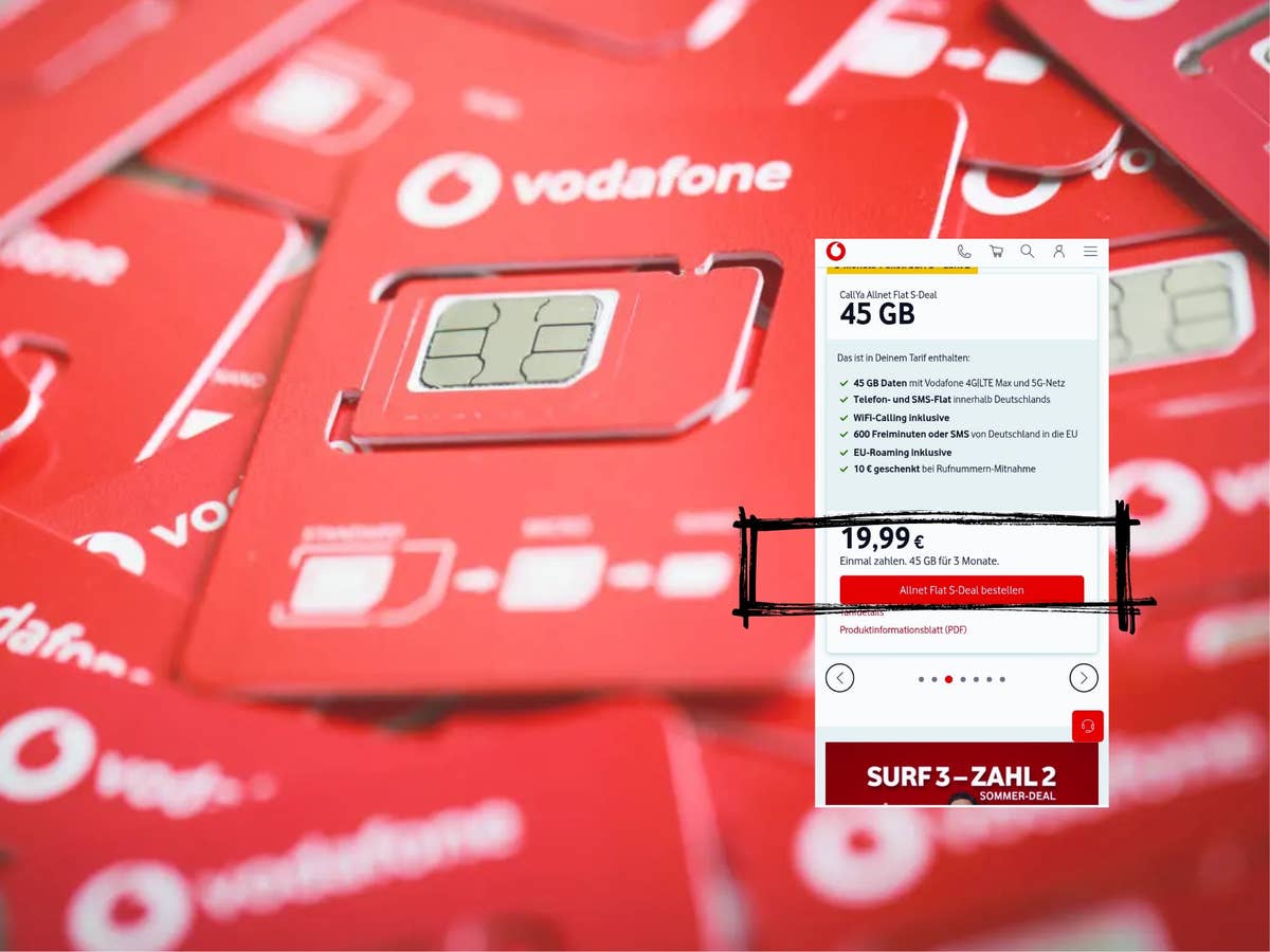 Vodafone SIM-Karten auf einem Haufen, Einblendung Screenshot zum CallYa Sommer-Deal 2025