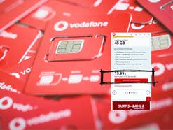 Vodafone SIM-Karten auf einem Haufen, Einblendung Screenshot zum CallYa Sommer-Deal 2025