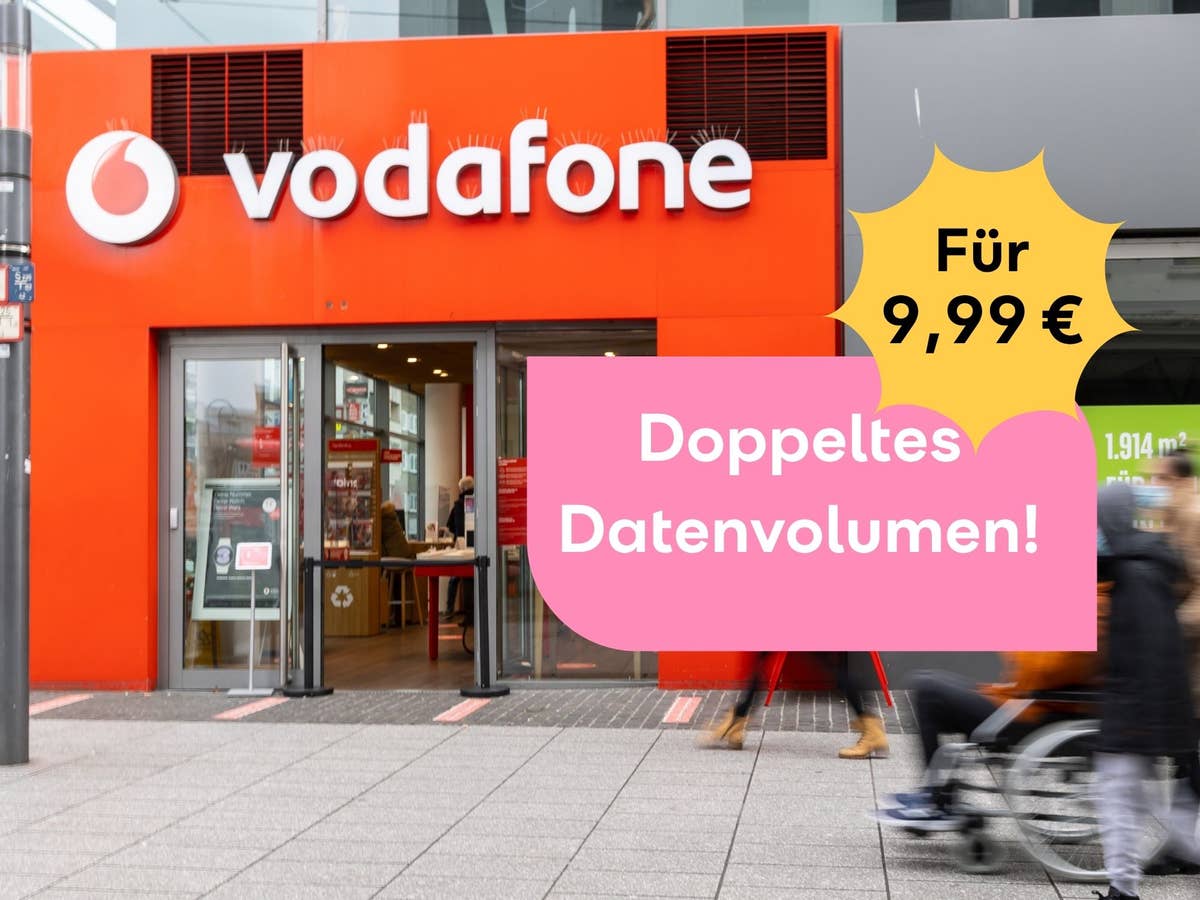 vodafone-tarif-jetzt-mit-doppeltem-datenvolumen-für-nur-9 99-euro-1 Vodafone-Store im Hintergrund, daneben der Hinweis auf eine aktuelle Aktion, bei der es einen Tarif mit doppeltem Datenvolumen für 9,99 Euro gibt