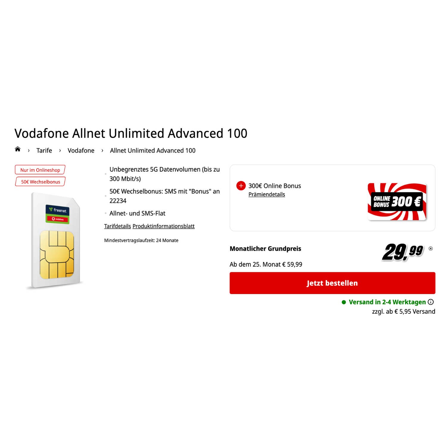 Vodafone Unlimited-Tarif (mit 300 Euro Bonus)
