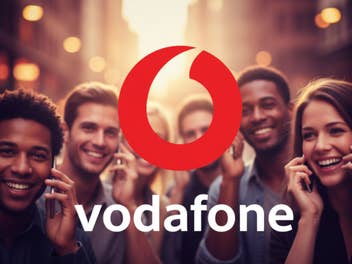 Menschen telefonieren mit dem Handy hinter einem Vodafone-Logo.
