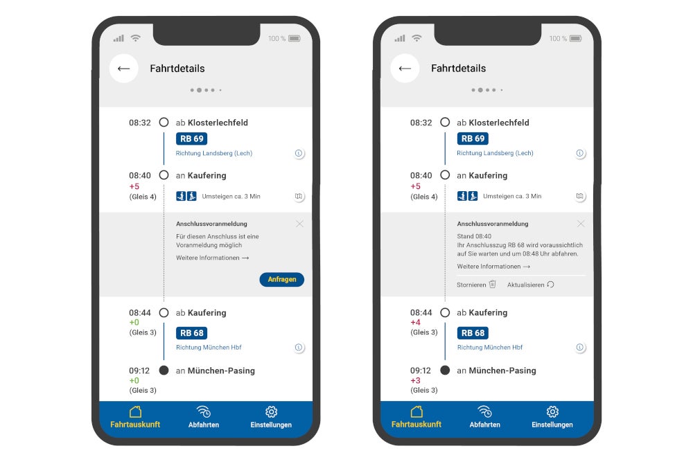 Screenshots zur neuen Voranmeldung-Funktion in Bayern.