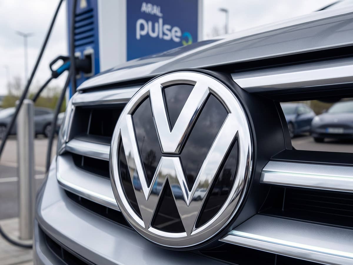 VW hadert: Diese Marken ziehen Förder-Millionen ab VW-Logo an der Front eines Autos an einer Ladesäule von Aral Pulse.
