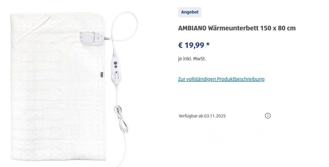 Wärmeunterbett ab Montag bei Aldi