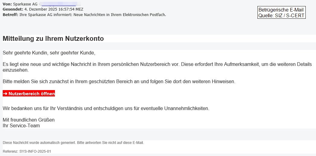Eine Phishing-Mail, die im Namen der Sparkasse verschickt wird