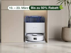 Saugroboter von Ecovacs in einer Nische in einem Schrank, darüber ein Feld, in dem Laufzeit und Rabatt des Angebotes stehen