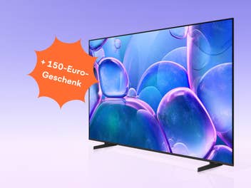 Ein Samsung-TV vor einem violetten Hintergrund.