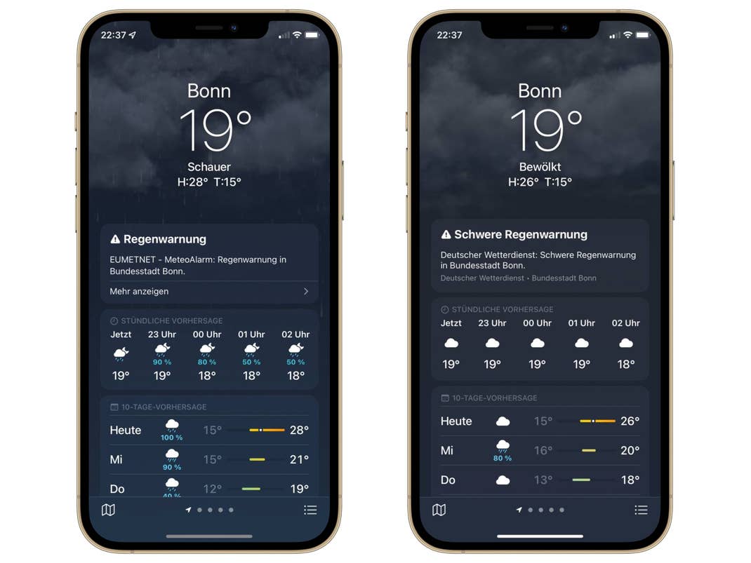 Die Wetter-App von iOS 15 (links) und iOS 16 (rechts) im Vergleich