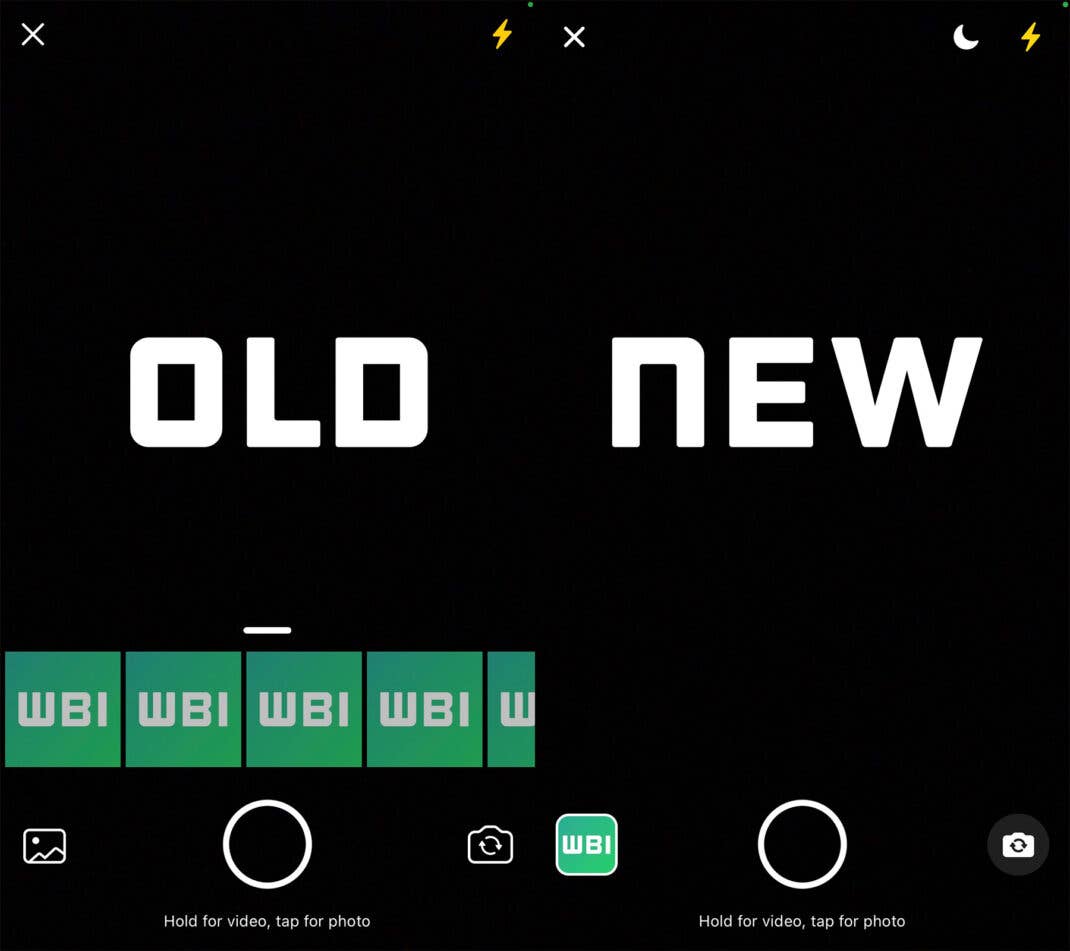 Screenshot der alten und neuen Version des Suchers in der Kamera-Ansicht von WhatsApp für iOS