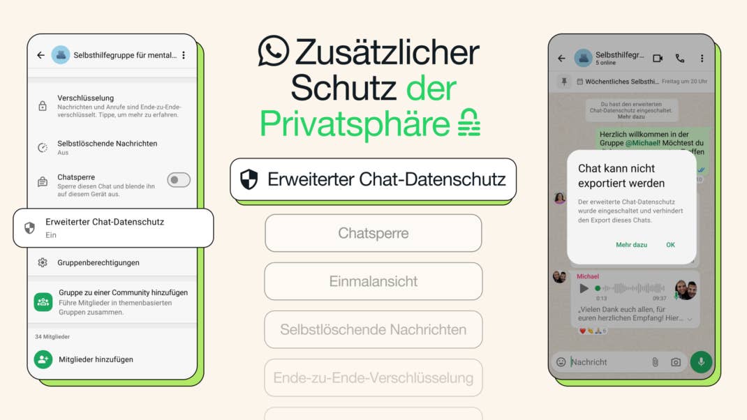 Screenshot zeigt, wo sich in WhatsApp die Einstellung "Erweiterter Chat-Datenschutz" befindet.