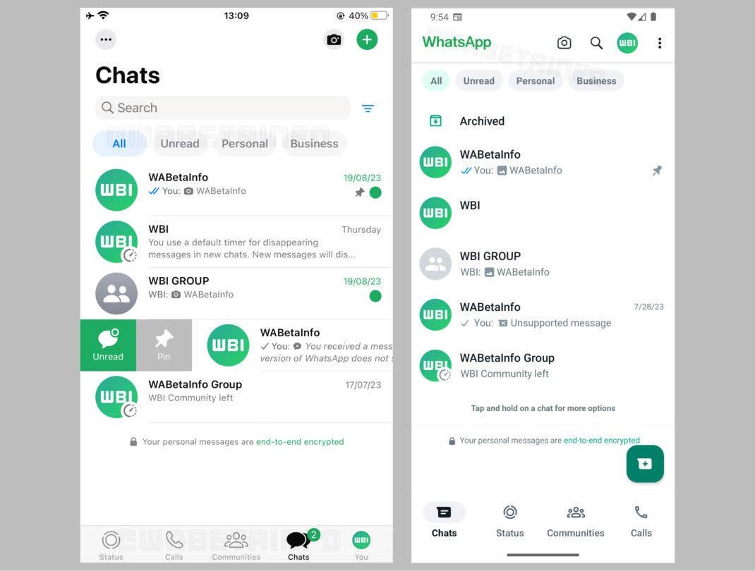In den Vorabversionen von WhatsApp für iPhone (links) und Android (rechts) wurden neue Designs entdeckt