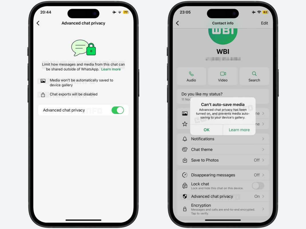 Screenshots der "advanced chat privacy" in WhatsApp