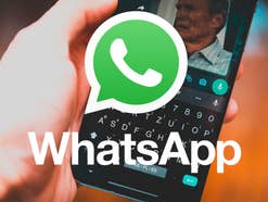 Das WhatsApp-Logo und Schriftzug vor einem Handy
