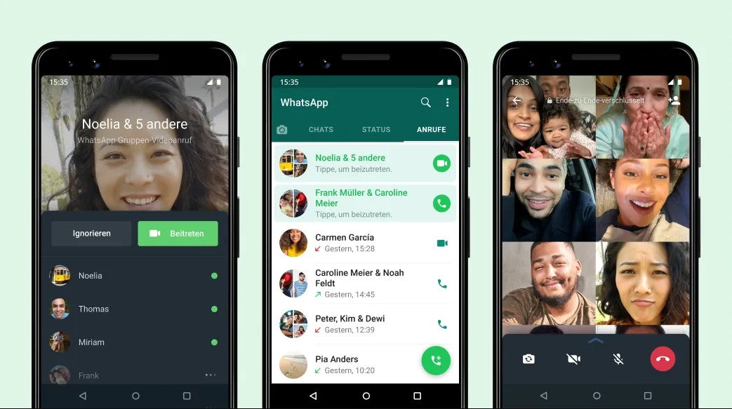 Neue Funktionen des WhatsApp Gruppenanrufs auf diversen Screenshots