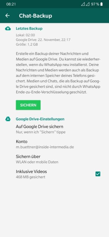 Screenshot der Sicherung von WhatsApp