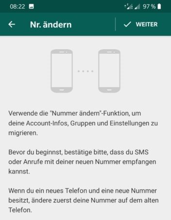 Screenshots des Einstellungsmenüs Telefonnnummer ändern in WhatsApp