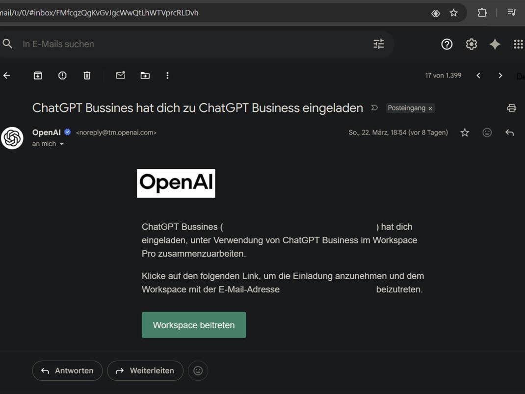 Wie ich vermutet hatte kam ein Einladungslink zu einem Workspace