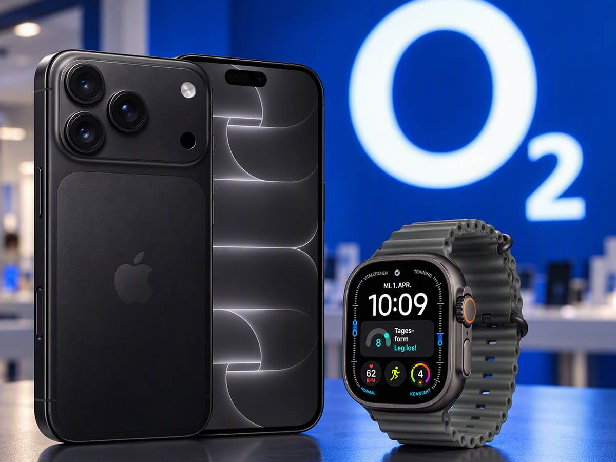 O2: iPhone 18 Pro und Apple Watch Ultra 4 für 1€. iPhone 18 Pro und Apple Watch Ultra 4 vor einem O2-Logo im Hintergrund.