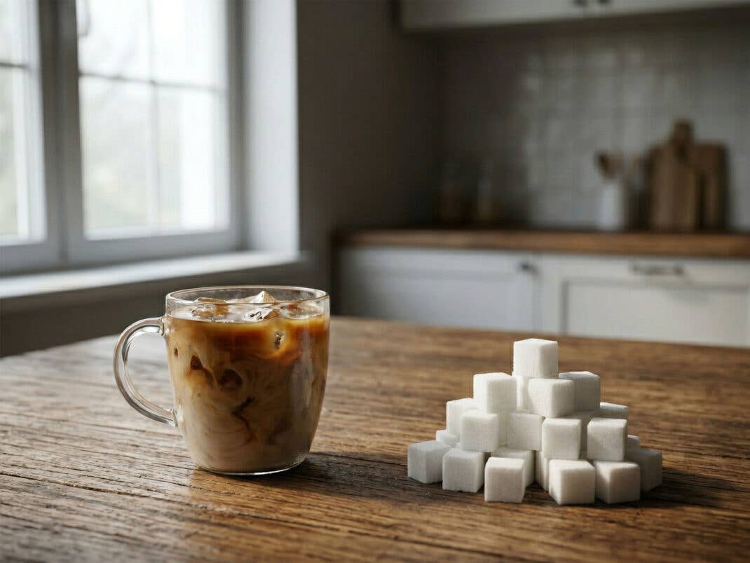 Kaffee mit Hafermilch und Zuckerwürfel daneben die circa 52g Zucker entsprechen