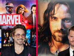 Eine Collage mit den Schauspielern Robert Downey Jr. und Jamie Dornan vor Viggo Mortensen als Aragorn sowie mehreren Filmplakaten aus dem Marvel-Universum.